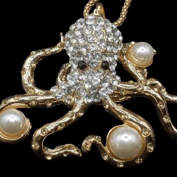Octopus Pendant Necklace Rhinestone Faux Pearl Gold Tone Giftboxed Ocean - Picture 4 of 7